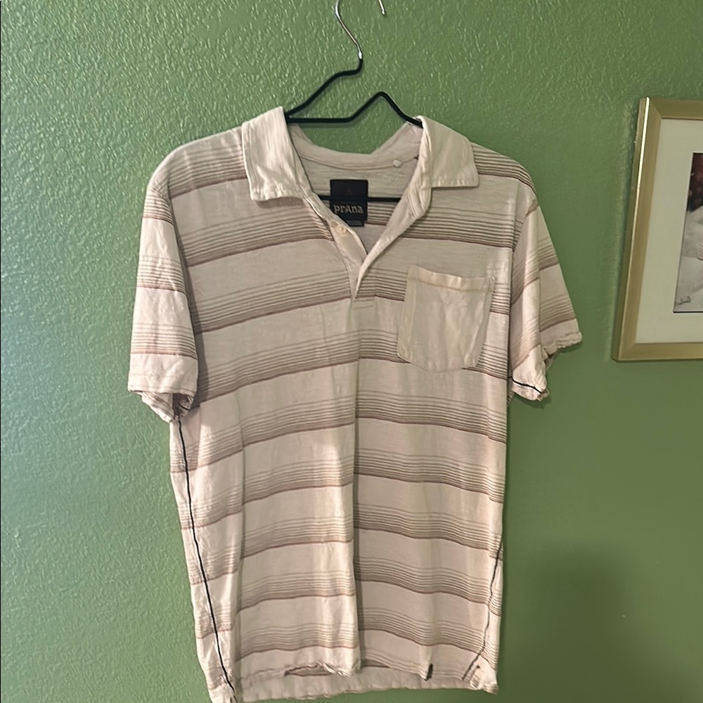 Prana Cream and Brown Polo Shirt Casual Cotton Blend